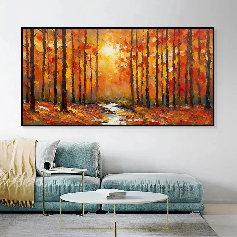 Modern Autumn Season Wall Art Handpainted New Red Orange Forest Landscape Canvas Thick Oil Painting Beige Yellow Tree Artwork