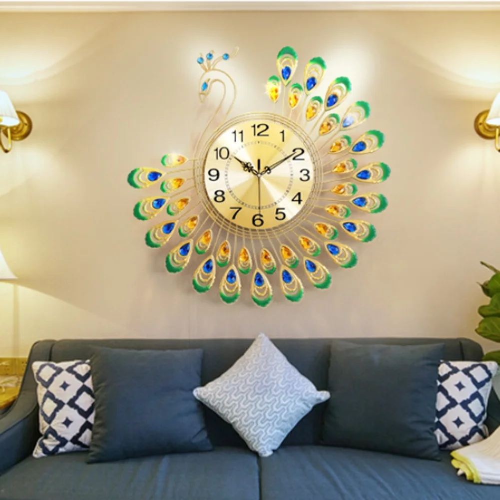 15in Silent Metal Wall Clock Creative 3D Peacock Wall Hanging Clock For Living Room Decor Modern DIY Art Background Home Decor