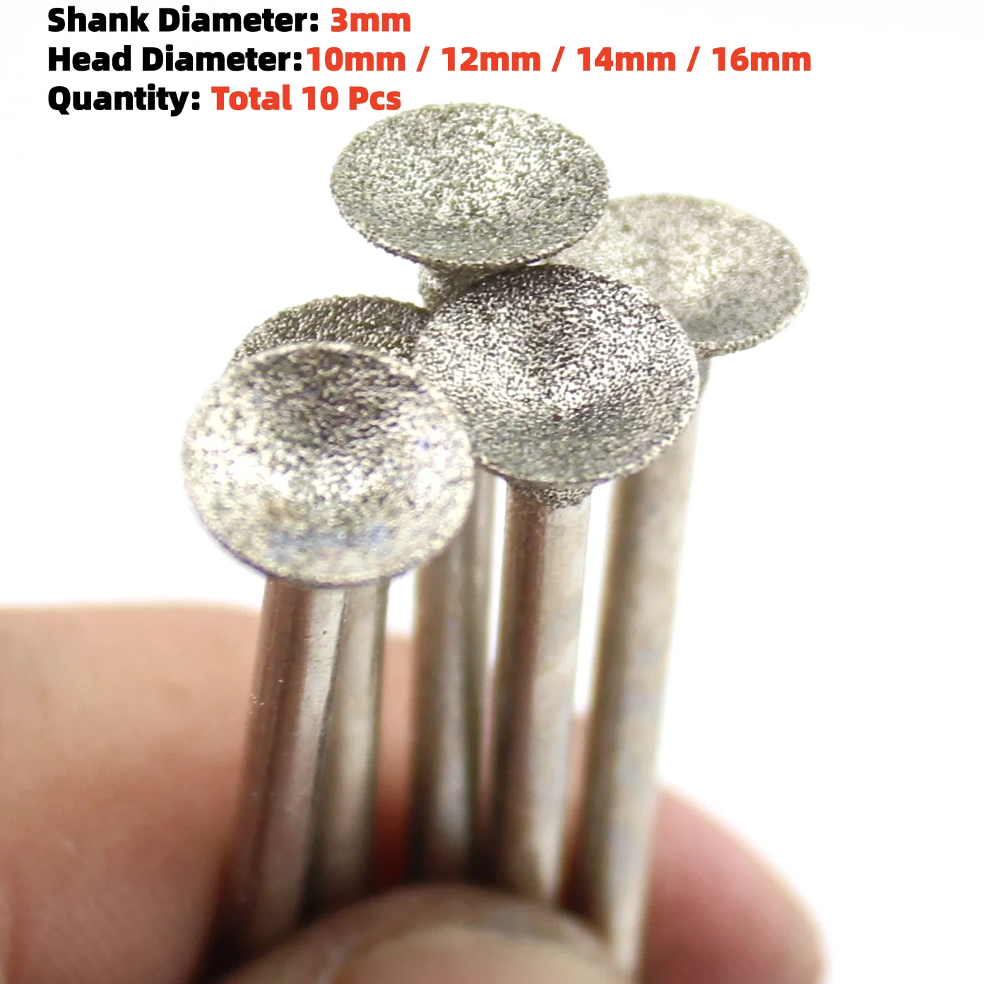 10Pcs Diamond Grinding Burr Bits Spherical Concave 10-16mm Lapidary Burr Set for Jewelry Glass Stone Carving 3mm Shank