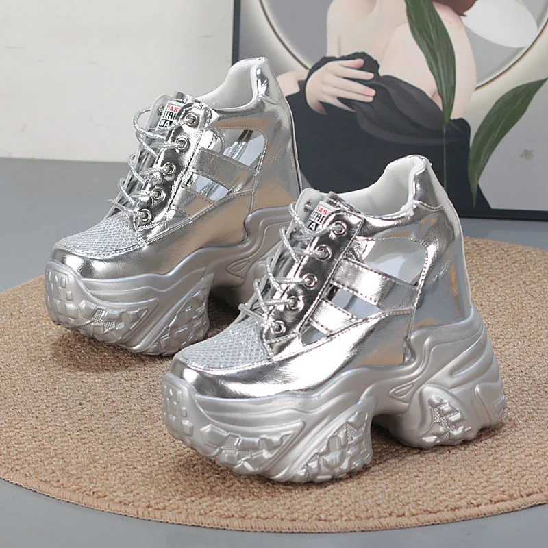 Women's 12CM Platform Sneakers Breathable Hollow Out White Shoes Thick Sole Elevator Height Increase Comfort Casual Shoes