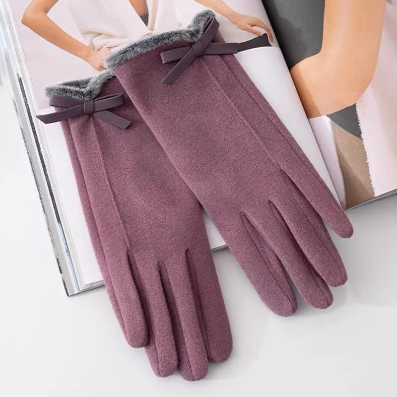 Women's Winter Warm Gloves Korean Version with Velvet Bow Windproof and Cold Proof Touch Screen Suede Riding