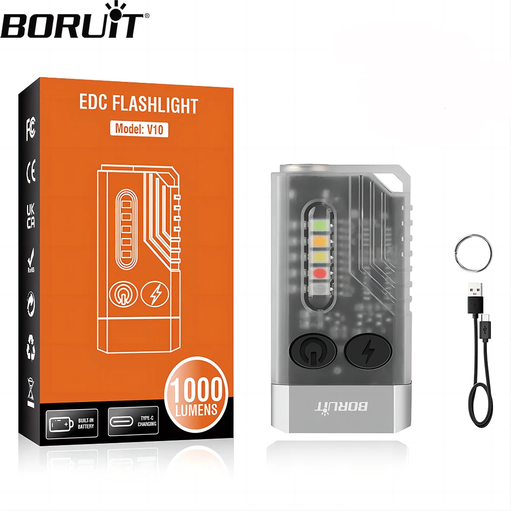 BORUiT-V10 LED Keychain Lanterna EDC, Tocha recarregável tipo C, Luz de trabalho com ímã, Buzzer 80DB, 365nm, Lanterna de bolso UV