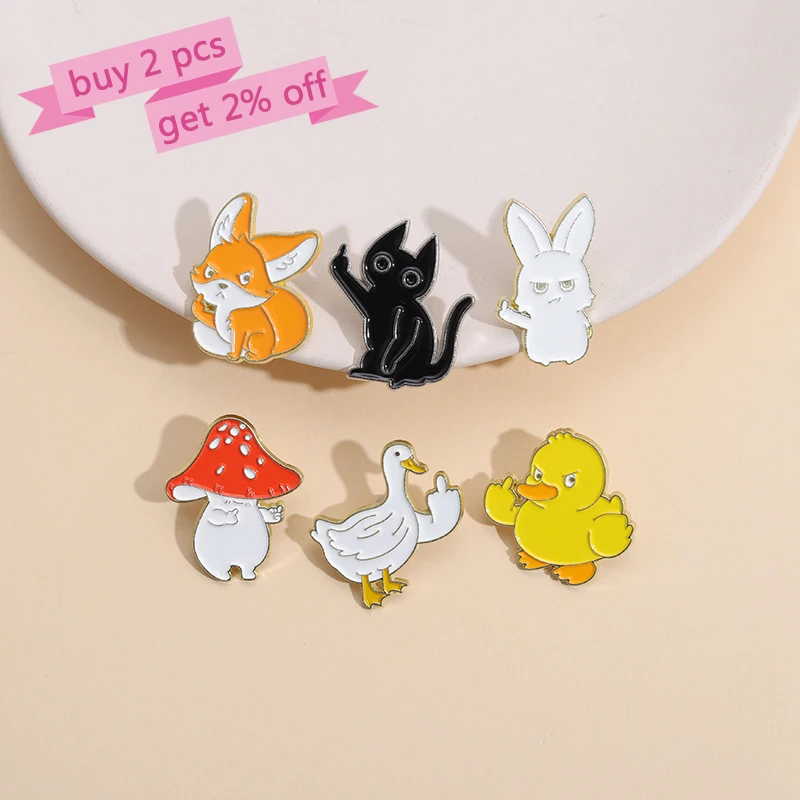 Sarcastic Enamel Pins Custom Animal Rude Finger Brooches Lapel Badges Cartoon Fox Rabbit Duck Cat Jewelry Gift for Kids Friends