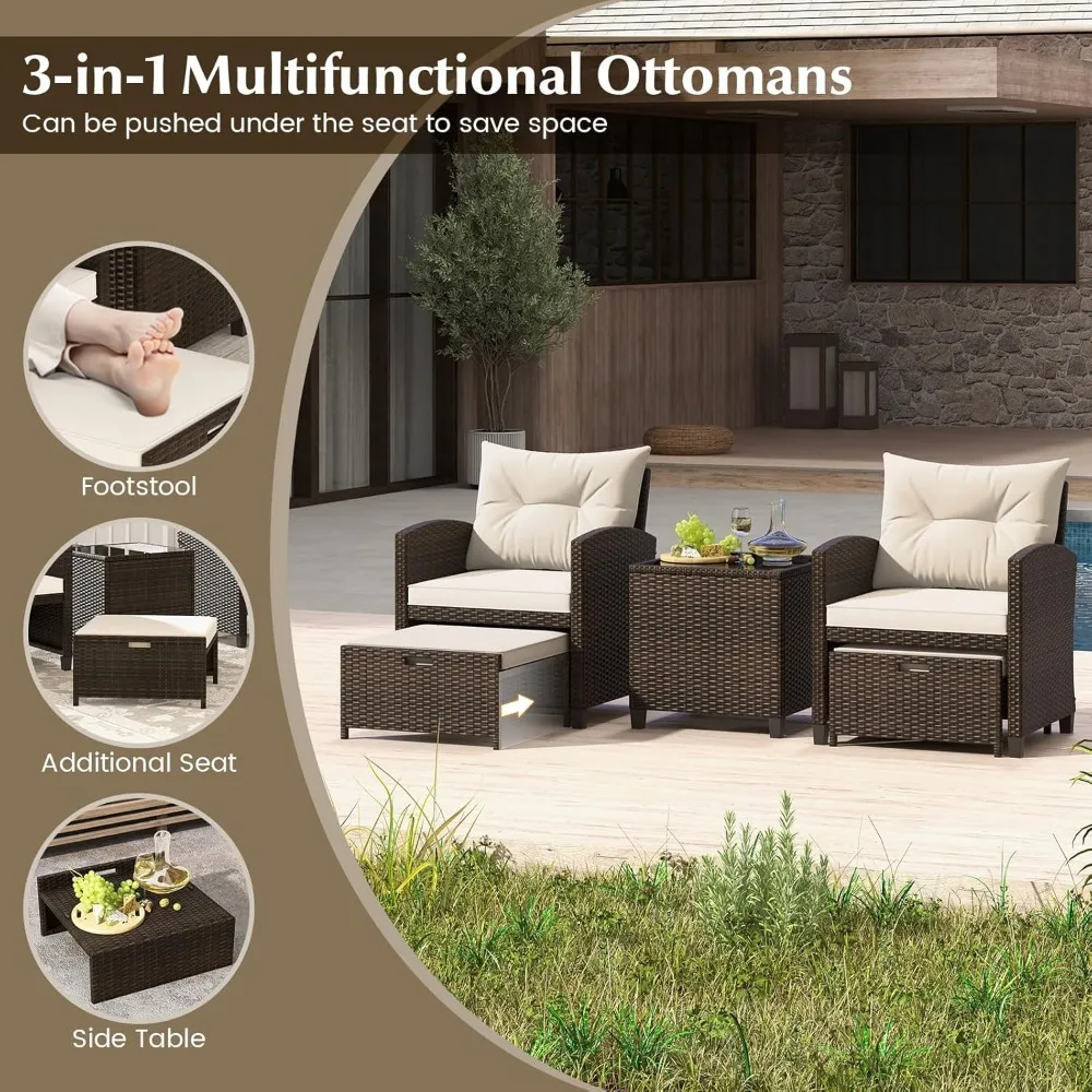 5-Piece Rattan Conversation Set, Outdoor Sofa, Tempered Glass Coffee Table & Ottomans for Small Space, Boho Chic Indoor/Outdoor