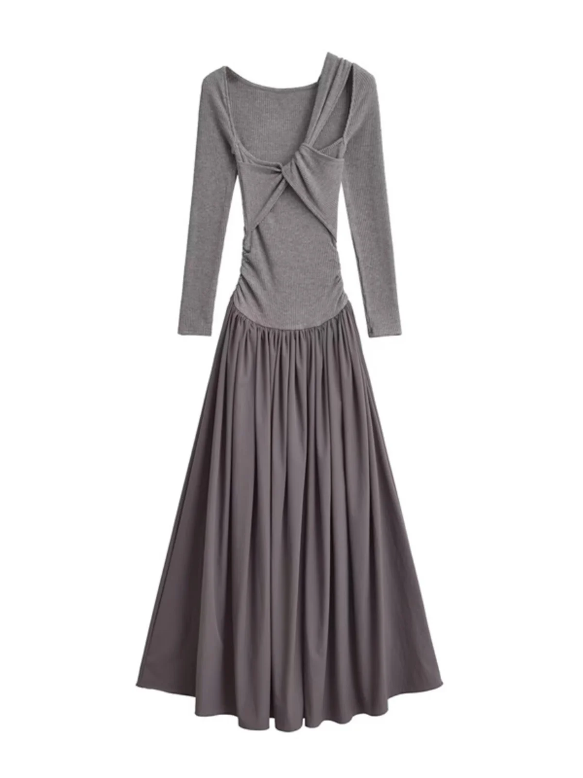 デザインセンセーション アシンメトリーショルダーニットロングスリーブドレス 速乾 スプライス レディースドレス セクシーな雰囲気 ロングドレス