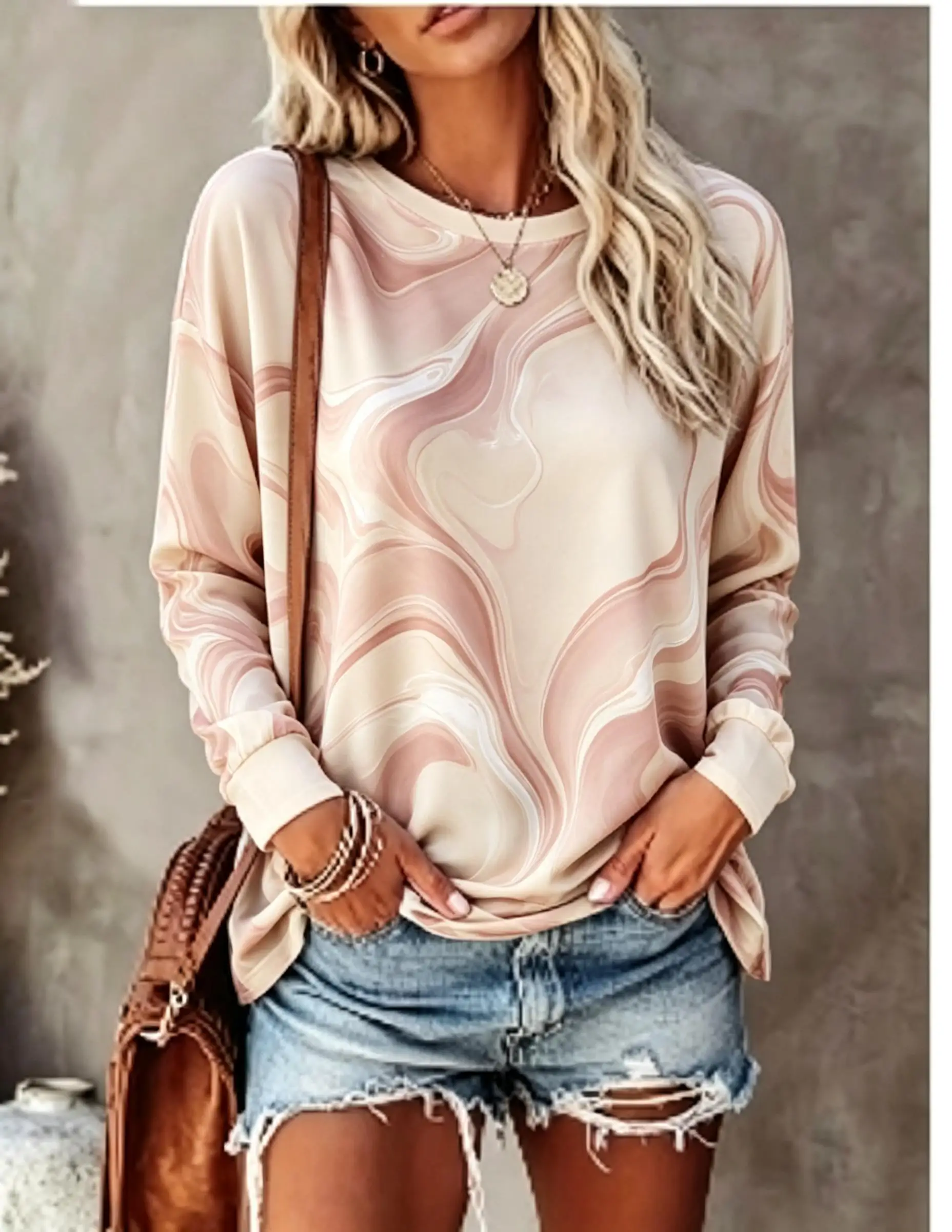 Women Long Sleeve T Shirt Lava Marble Swirl Abstract Fluid Art Print Crew Neck Casual Fall Tops