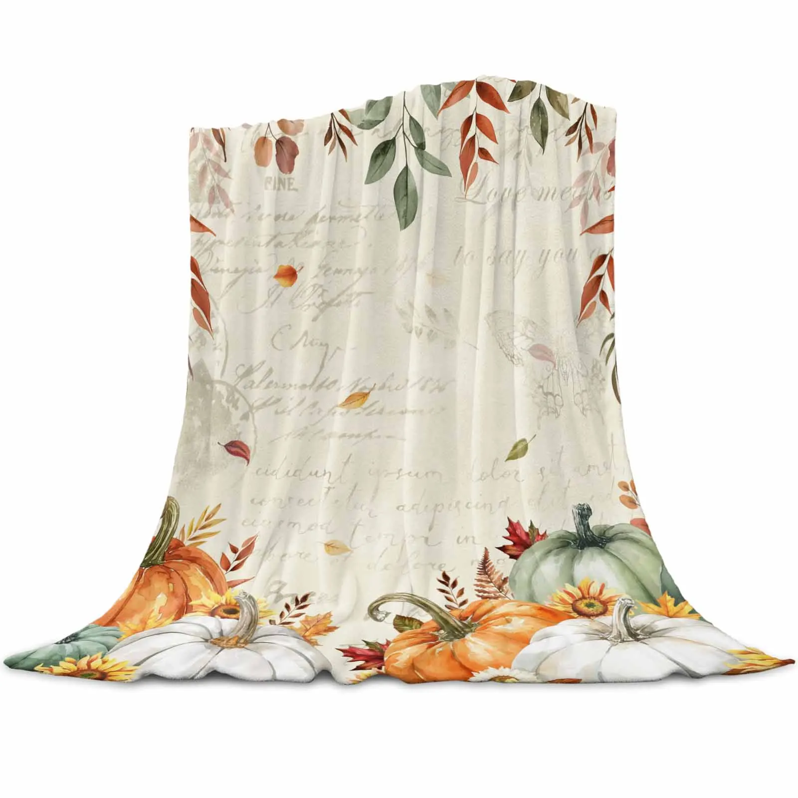 

Watercolor Pumpkins Leaves Text Throws Blankets for Sofa Bed Winter Soft Plush Warm Family Friends Holiday Gifts