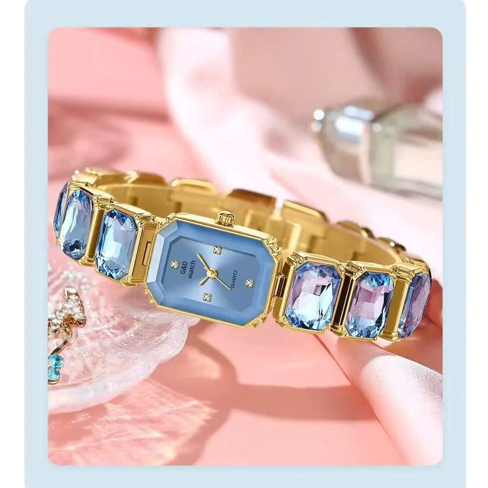 G&D Women's Luxury Crystal Watch Gold Tone Bracelet Rectangle Dial Quartz Fashion Jewelry Ladies Elegant Dress Wristwatch Gift
