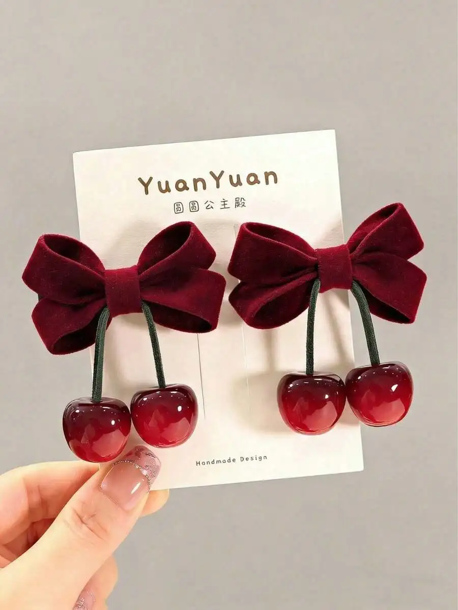 

2pcs/Set Girls' Burgundy Cherry Hairclips, Vintage Sweet Bow Side Clips, Versatile Hair Accessories For Parties And Occasions