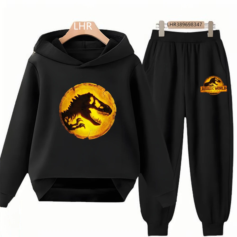 Children's Hoodies Dinosaur World Print Top+Bottom Boy Black Girls Pink Age 3-12 Coat Casual Toddler Suit Sweatshirt Clothing