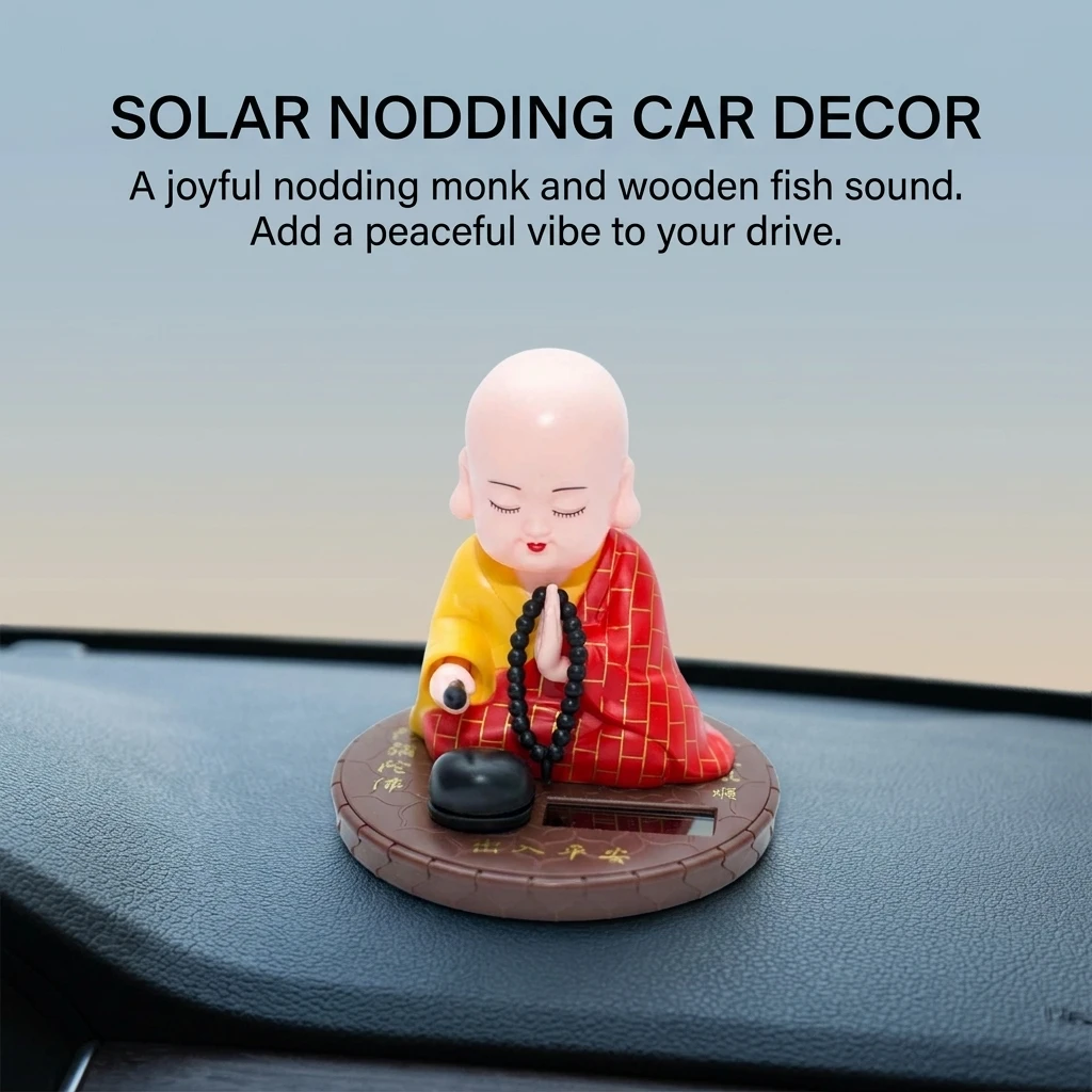Adorno para el salpicadero del coche con forma de monje, fabricado en plástico ABS, con movimiento automático gracias a energía solar. Pequeña figura de monje con cabeza que se mueve de forma automática. Accesorio para el interior del coche.