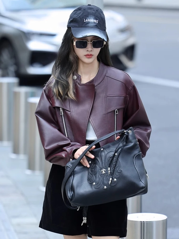 Casual Short Genuine Leather Motorcycle Jackets for Women Spring Autumn High-end Simple Stand Collar Soft Real Sheepskin Coat