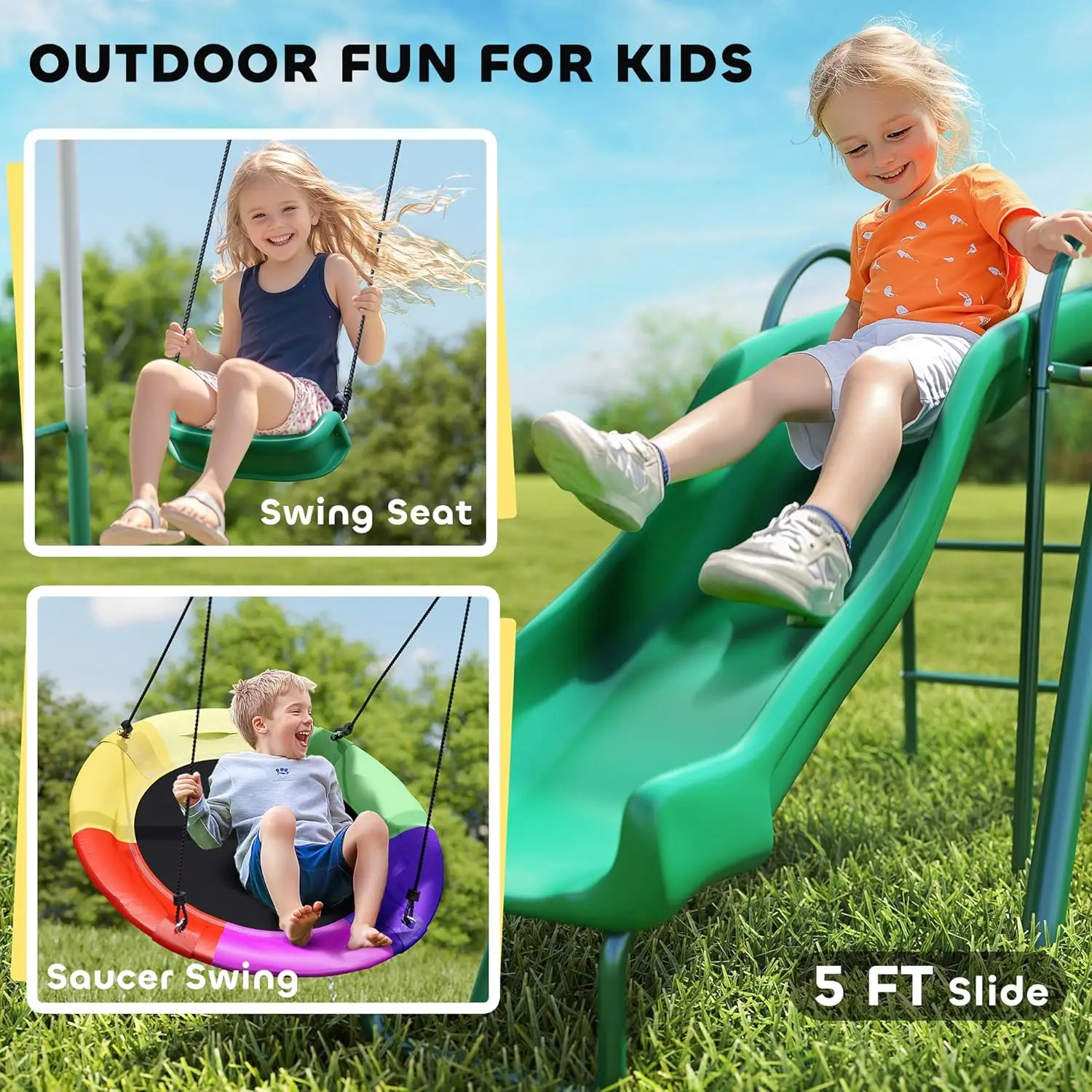 Swing Set for Backyard with Adjustable Seat and Saucer Swing, 5' Slide, Heavy Duty A-Frame Metal Stand Outdoor Playground Playse