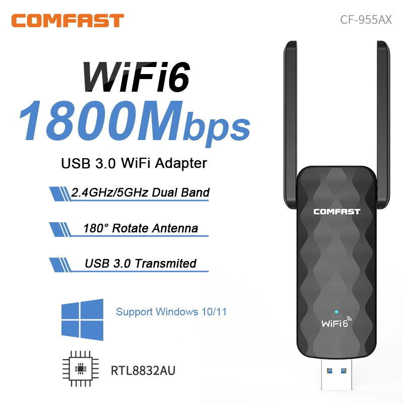 Comfast WiFi 6, мощный USB-адаптер, двойные внешние антенны, 2,4G/5Ghz, беспроводная сетевая карта USB3.0 для ноутбуков, ПК, Win 10/11