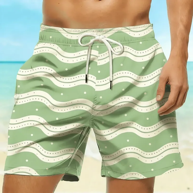 Men Sports Shorts Green Geometric 3D Print Drawstring Casual Beach Vacation Cool Short With Pockets Summer Wear For Man