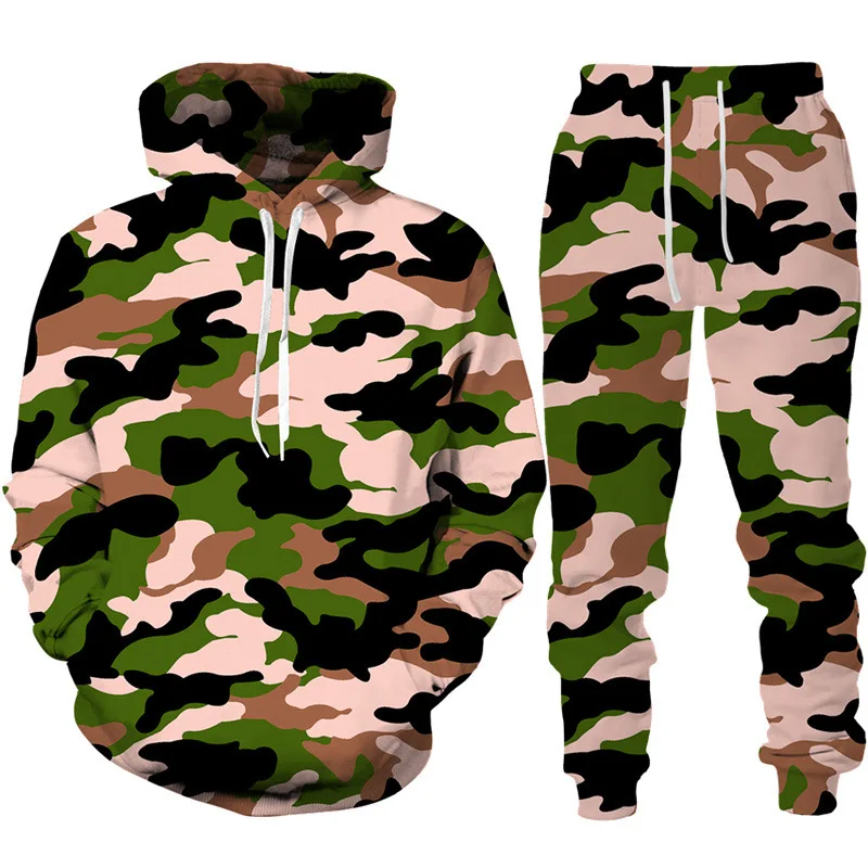 Men\'s Camouflage Hoodie Pant Suit 3D Print Hooded Sweatshirt Casual Outdoor Tracksuit Outfits Oversized Men\'s Clothing 2pcs Sets