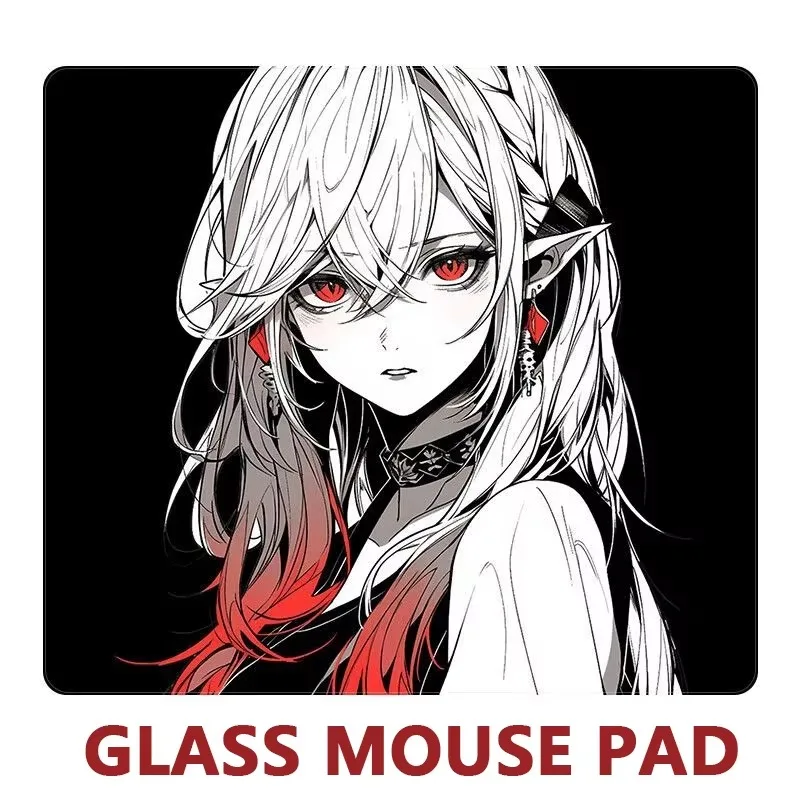 Anime Elf Girl Art Red Eye Cool Glass Mouse Pad Large Custom Frosted Surface Desk Mat Tempered FPS Office Pad Gaming Accessories