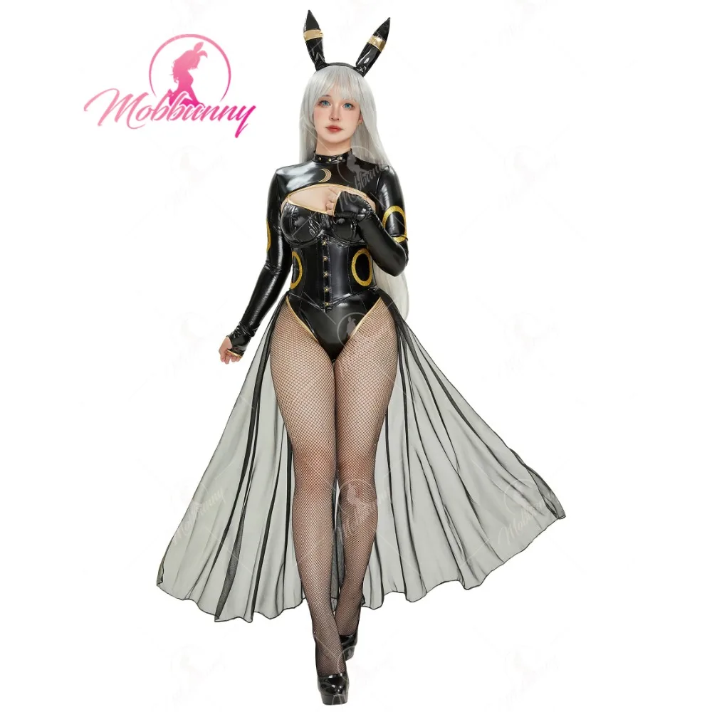 MOBBUNNY PM Derivative Sexy Lingerie Set Black Bodysuit and Top with Chiffon Skirt Headband Tail Cosplay Costume