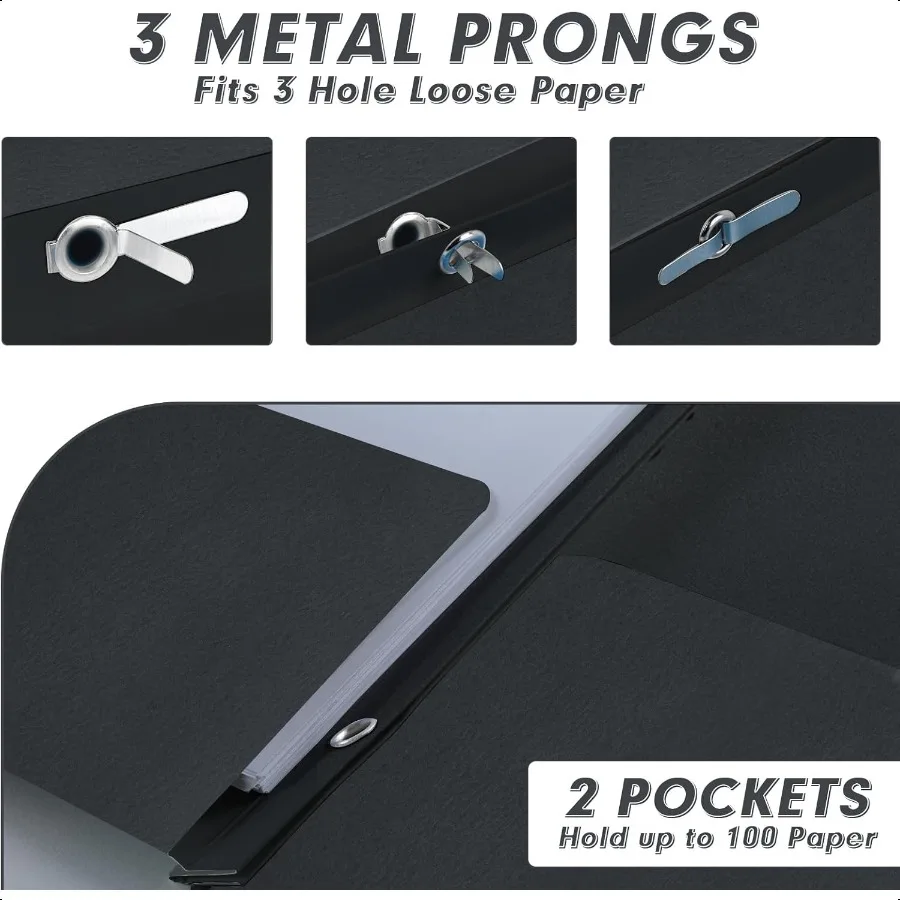 Cartelle a due tasche Confezione da 30 Cartelle a due tasche con punte Cartelle a 3 poli progettate per ufficio e aula Dimensioni lettera Nero