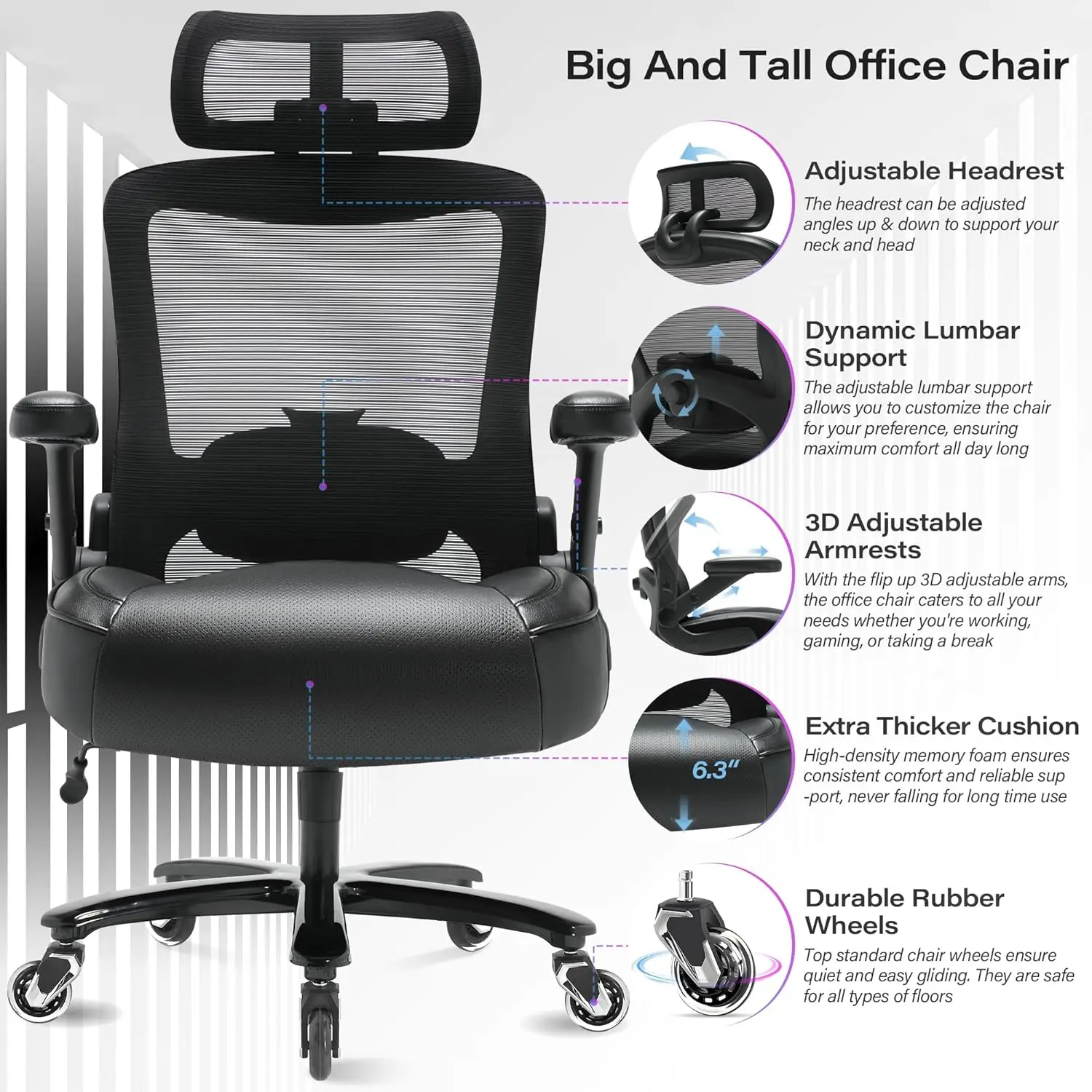 كرسي مكتب كبير وطويل بوزن 600 رطل، مسند رأس قابل للتعديل، ظهر شبكي مريح مع دعم قطني، عجلات كبيرة شديدة التحمل – تنفيذية