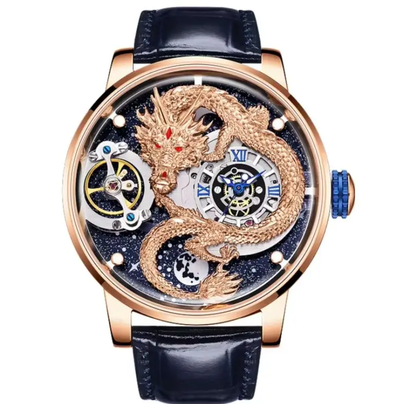 HANBORO Men Automatic Watch Fashion 45.5mm Mechanical Wristwatch Luminous Skeleton Dragon Dial Warerproof Rotatable Background