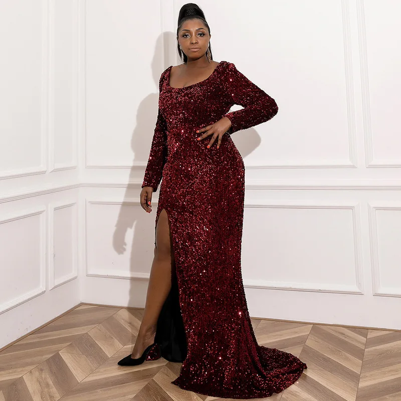 

Burgundy Sequins Mermaid Evening Dresses Cocktail Dresses Split Party Night Gala Dress for Women Long Sleeve Evening Gown