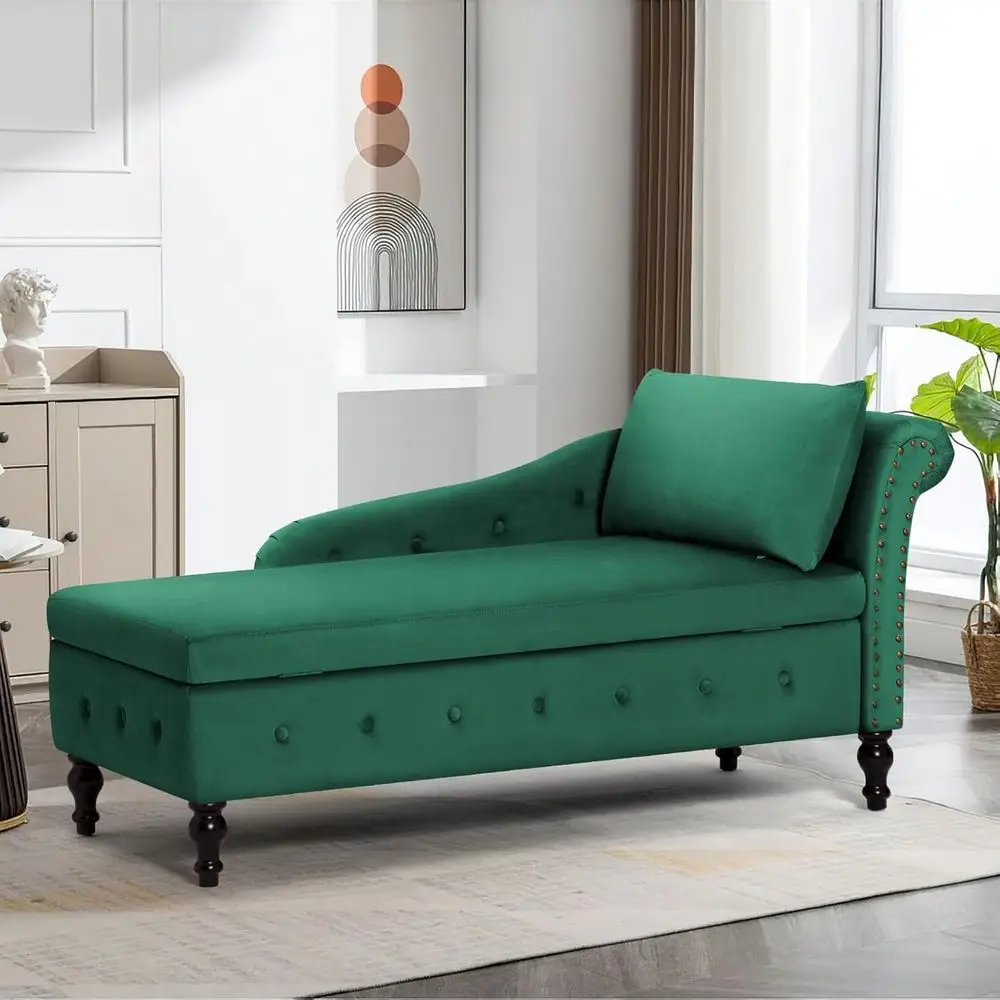 

Upholstered Velvet Lounge Chair with Right Armrest, Lumbar Pillow, and Storage for Indoor Living Spaces in Green