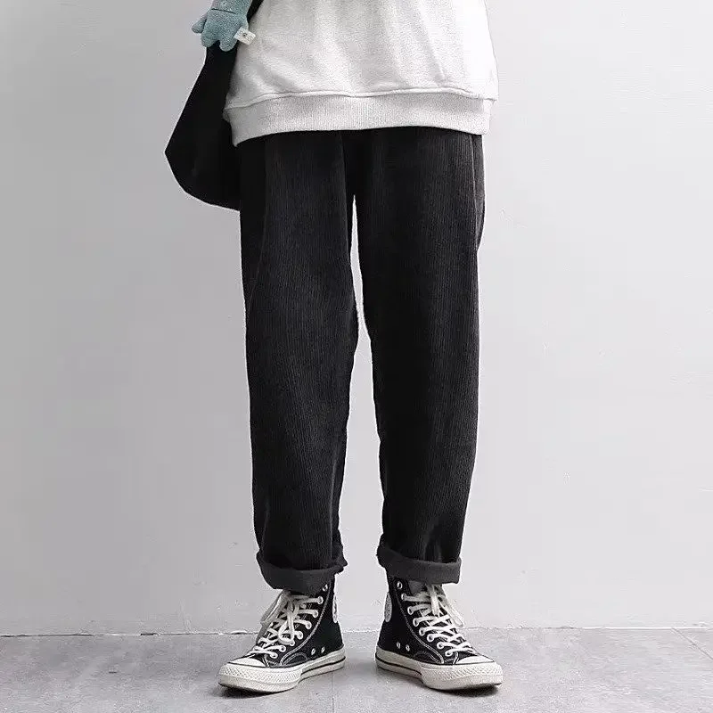 Japanese Corduroy Pants Men Autumn Loose Elastic Waist Solid Color Straight Pants Retro Casual Trousers for Men Baggy Pants