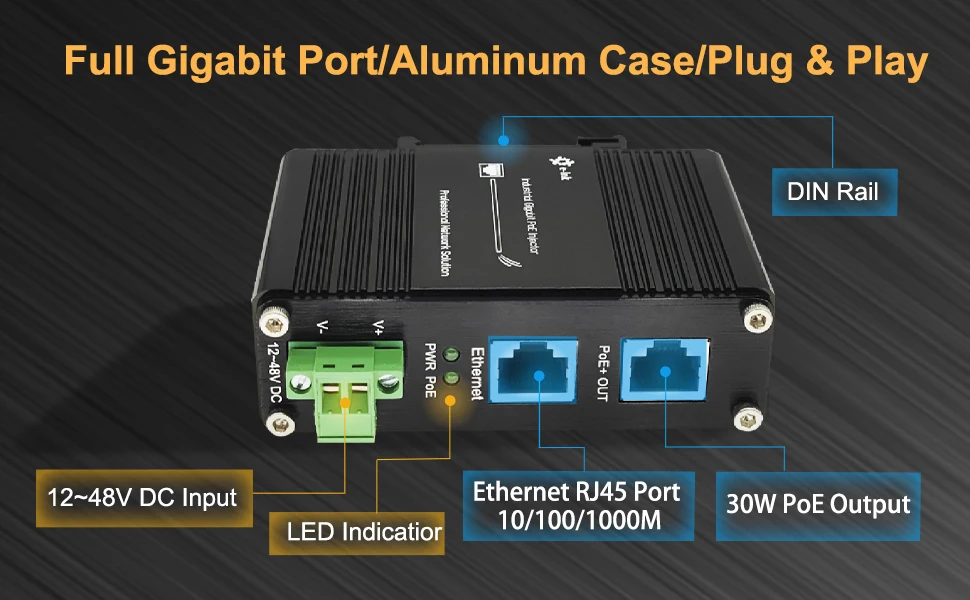 Industrial 30W Gigabit PoE+ Injector 12-48V DC Wide Voltage Input for IP Camera and Wireless Access Point