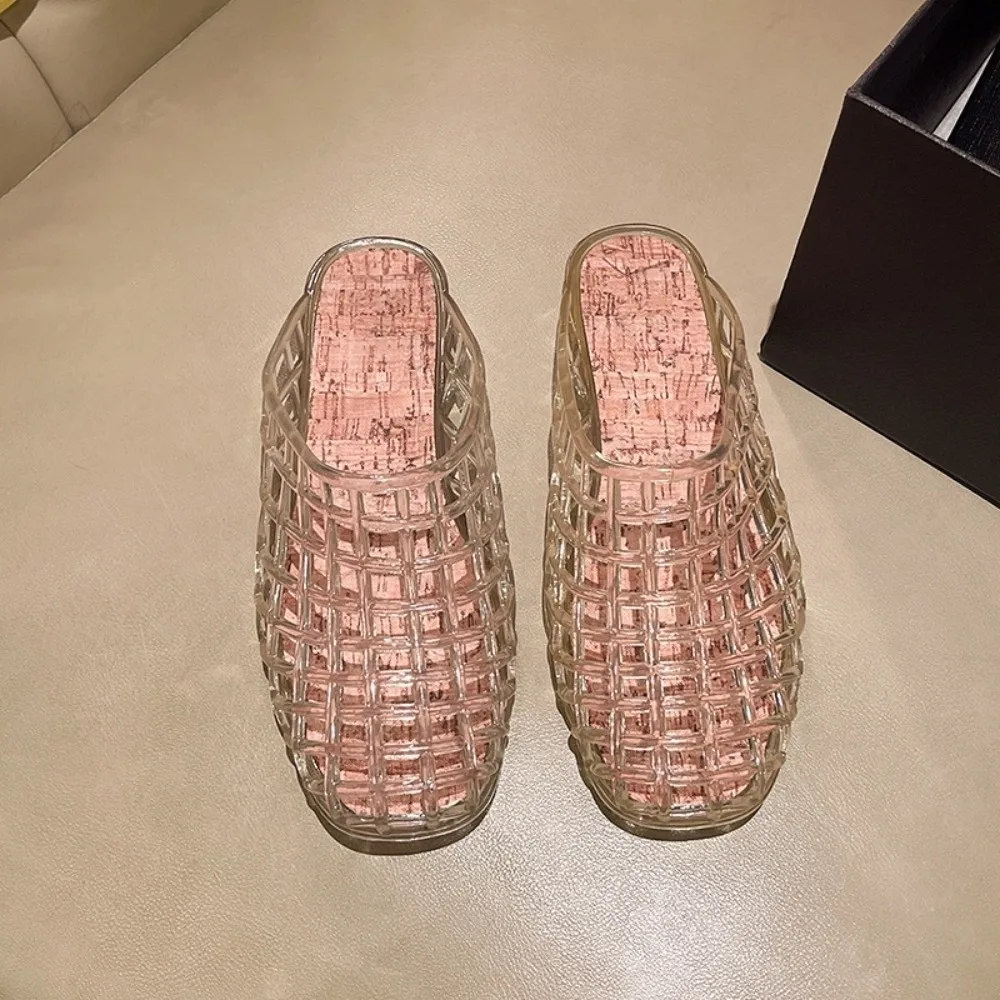 

Тапочки из ПВХ с круглым носком и кристаллами, нескользящие мягкие прозрачные сандалии с рыболовной сеткой на плоской подошве с низкой подошвой, прозрачная обувь «сделай сам», подвески, обувь