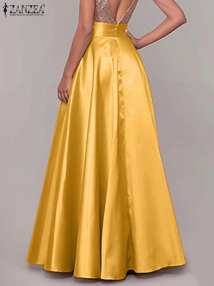 ZANZEA Stylish Summer High Waist OL Work Satin Skirt Women Female Solid Party Maxi Skirts Faldas Saia A-line Long Skirts Jupe