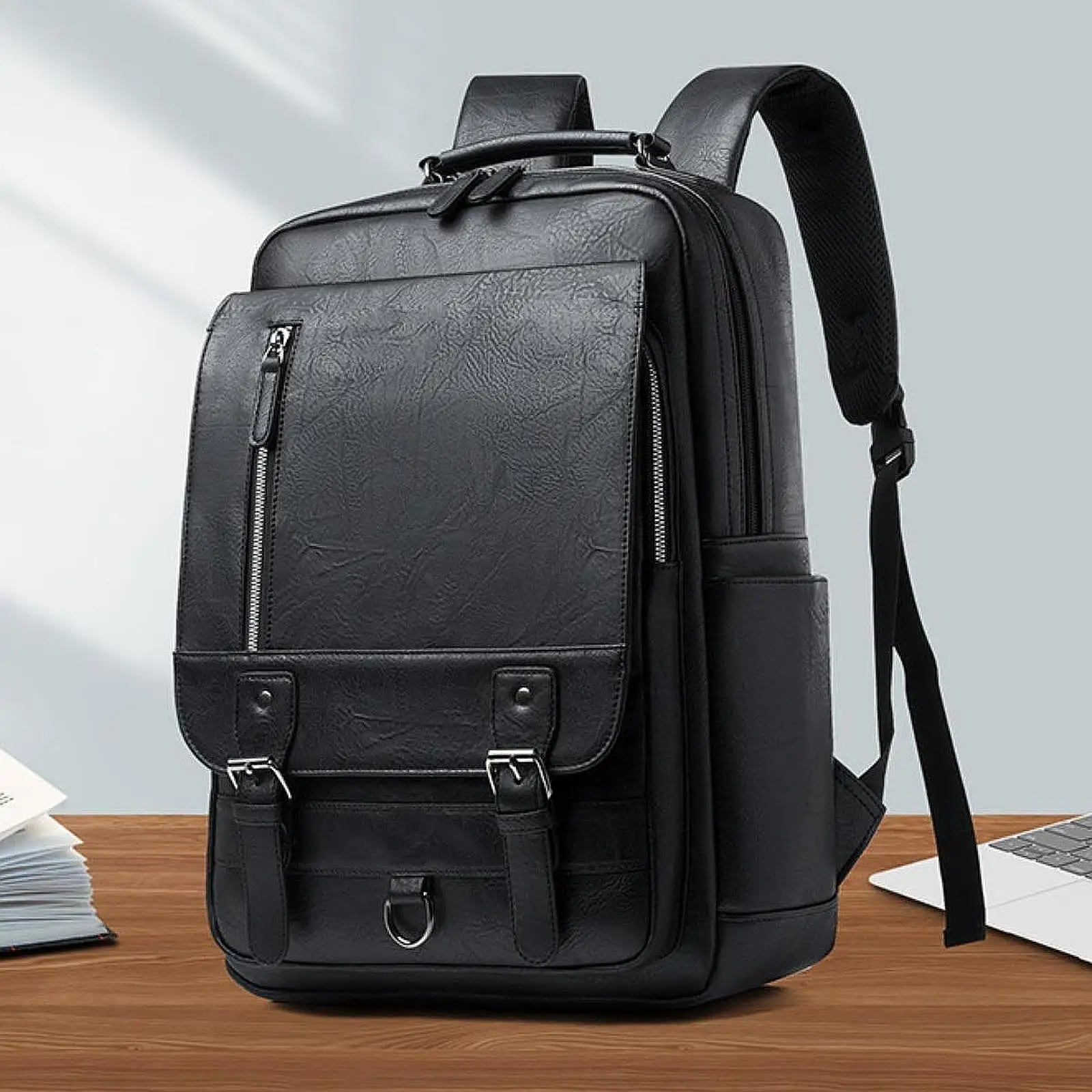 Travel Bag Waterproof Laptop Backpack PU Leather Multifunctional Daypack with Shoe Storage Pocket for Work and Weekend Trips
