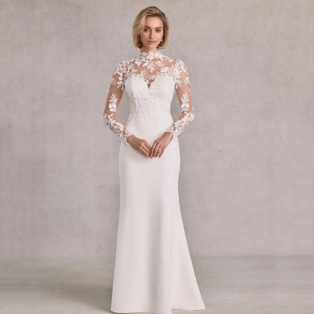 

Customized Wedding Dresses Mermaid Lace Luxury Bride Robe Long Sleeve Elegant Bridal Gowns High Neck Vestidos De Noiva