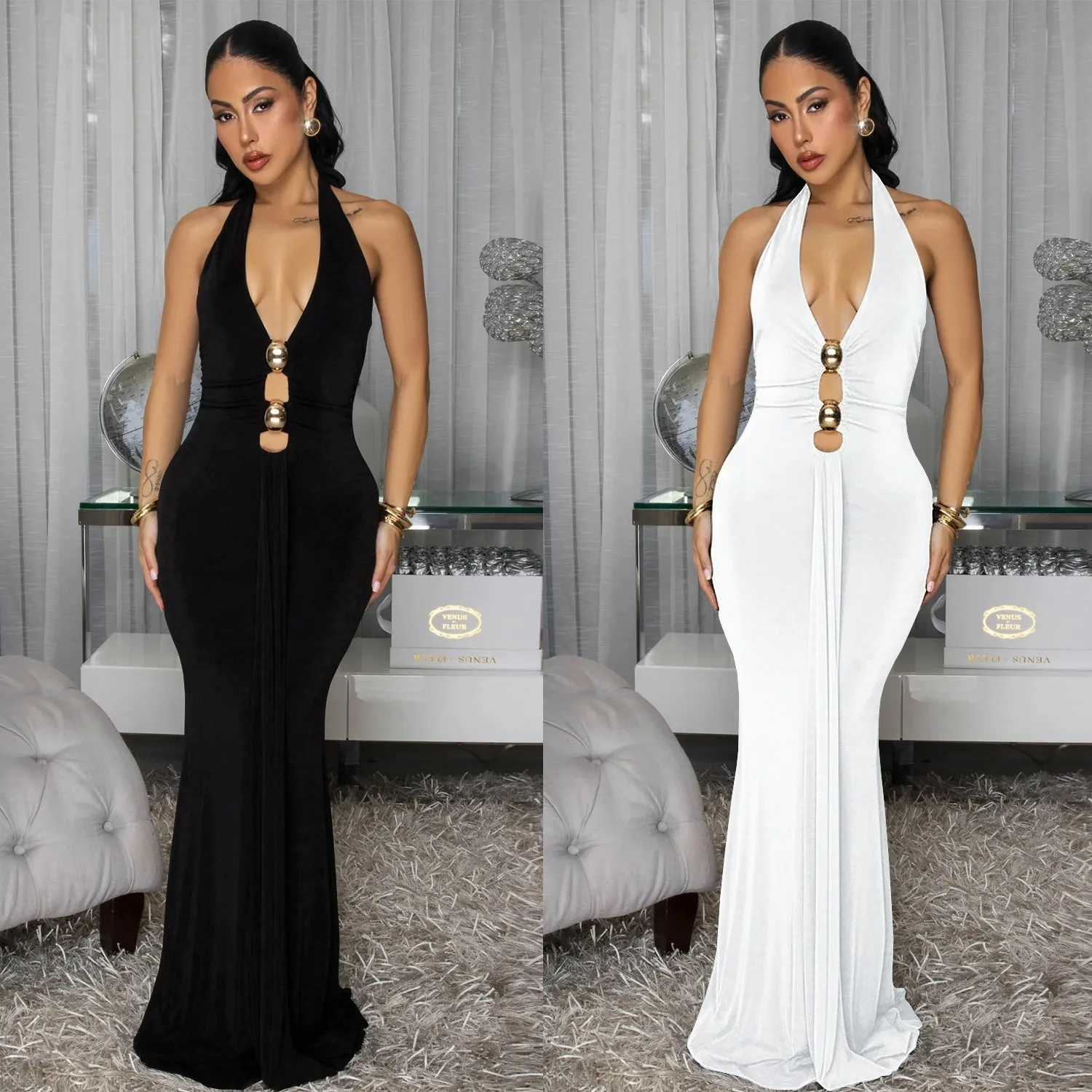 

Sexy Nightclub Party Dance Gathering Club Banquet Backless Halter Neck Deep V Solid Color Dress