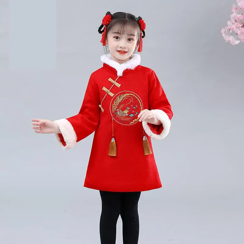 Autunm-traje Tang chino encantador para niños, vestido bordado de algodón para Año Nuevo, ropa acolchada de algodón para niñas, Invierno