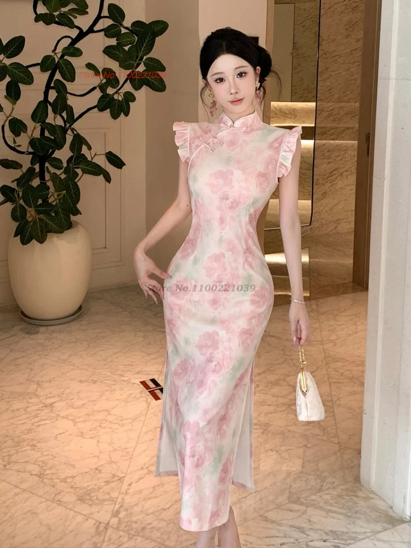 2026-chinese-sexy-dress-qipao-national-flower-print-ruffle-cap-sleeve-cheongsam-vintage-nightclub-dress-banquet-evening-dress