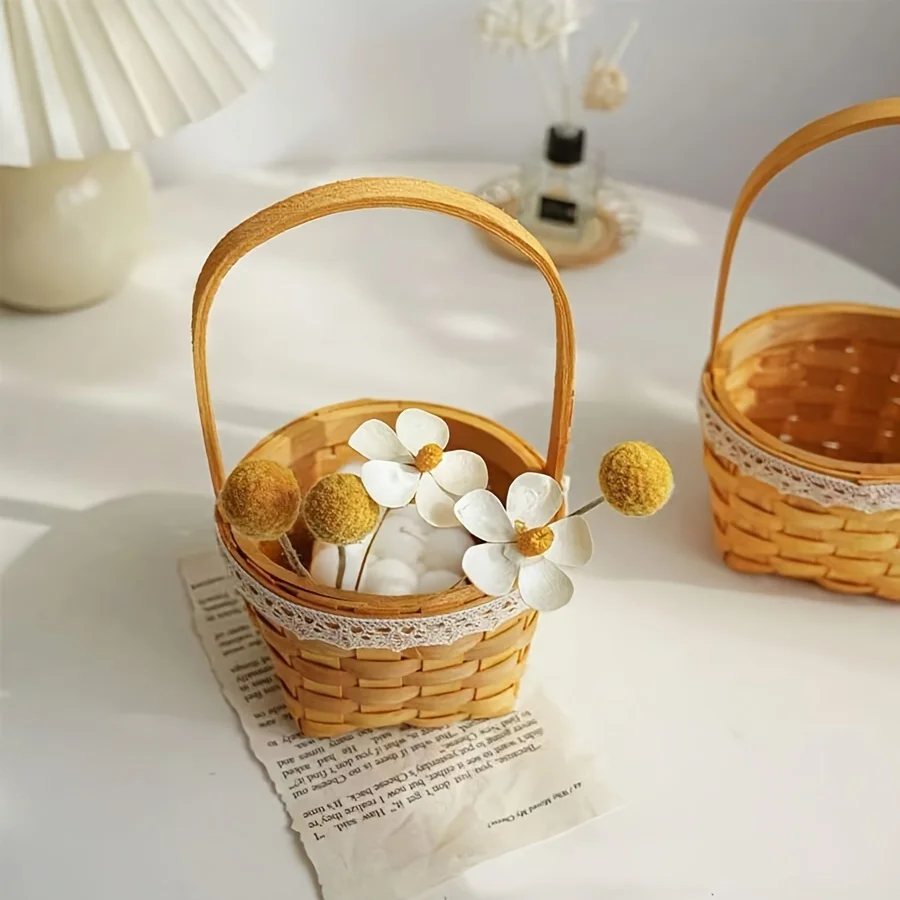 1pc Handmade Wood Woven Basket with Lace Trim, Portable Storage Basket with Handle, Small Picnic Flower Basket for Home Decor Pa
