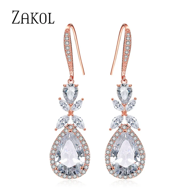 ZAKOL Shinny Water Drop Zirconia Leaf Hook Earrings for Women White Dangle Earrings Fashion Bridal Wedding Jewelry