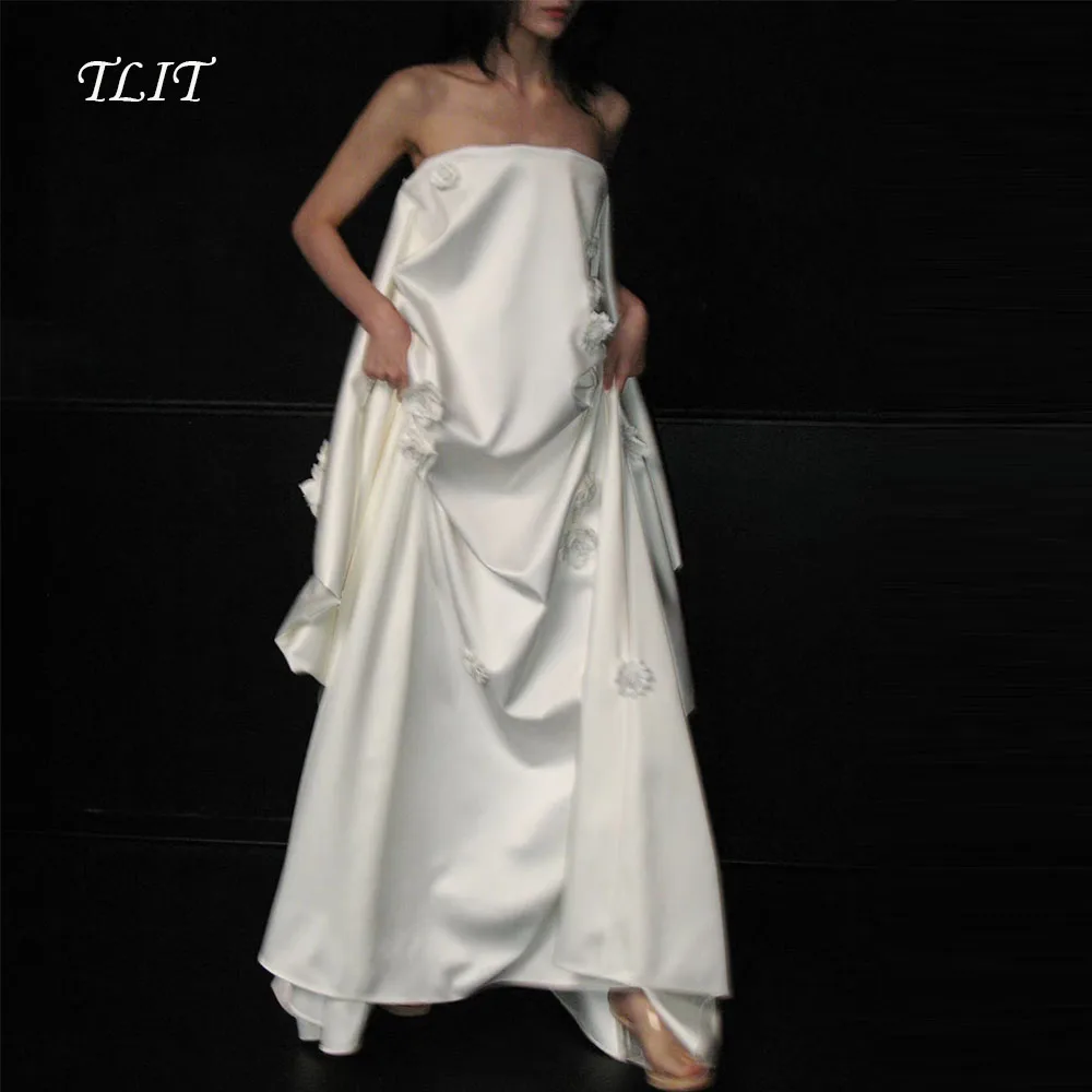 فستان زفاف مستقيم من الساتان والحرير العاجي الأنيق من TLIT برقبة على شكل حرف v بدون حمالات فستان حفلات على شكل زهرة فستان زفاف كوري لالتقاط الصور حسب الطلب #1