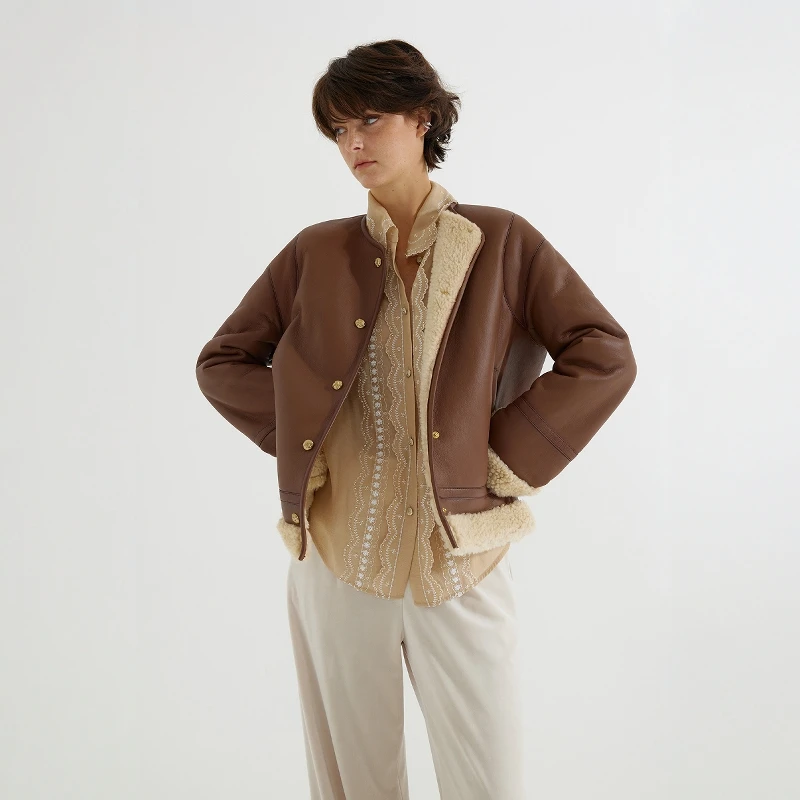 Winter vrouwen Lam Bont Jaet PU Leer eapenvacht Jas Collarl Een Stuk Nep Bont Bovenkleding ort Top 2024