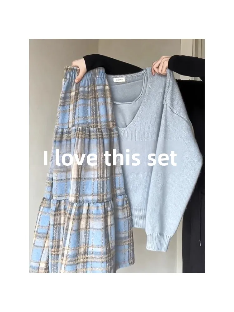 

Blue Woolen Plaid High Waist A-Line Midi Skirt Women's Autumn Winter plus Size Flared Cake Skirt Casual Straight Cut Style