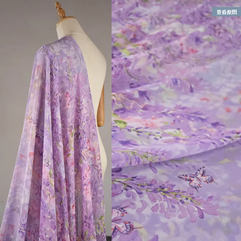 Beauty China Wind Purple Butterfly Print Chiffon Fabric, High Grade, Thin Cloth, Soft, Transparent, Spring, Summer Dress, T1997