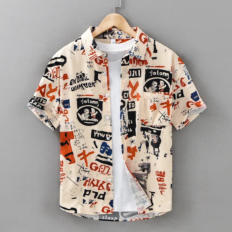 

Summer New Mens Shirts Graffiti Short Sleeve Printed Shirt Men Japanese Streetwear Loose Tops Comfort Pure Cotton Casual Shirts
