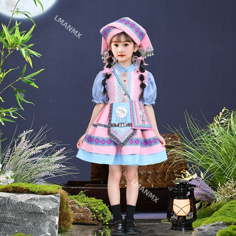 

Детские костюмы для выступлений для мальчиков и девочек, костюмы для выступлений этнических меньшинств Miao, Zhuang, Yi, Dong, Tujia