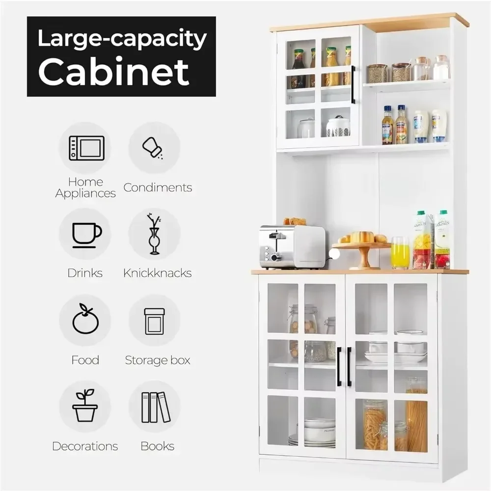 Kitchen cabinets.Kitchen Pantry Storage Cabinet with Hutch,72'' Freestanding Buffet Cupboard with Large Countertop & Glass Doors