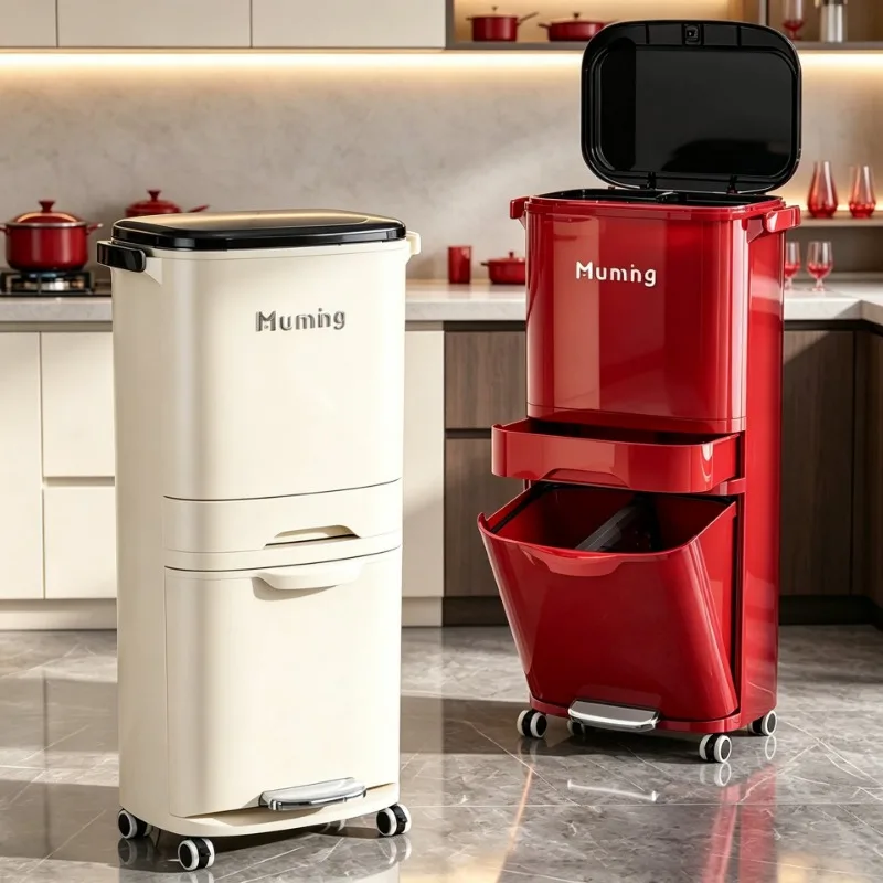 Luxurious Hands Free Pedal Trash Can Double Layer Kitchen Dry Wet Separation Storage Bin Wheels No Bending Required