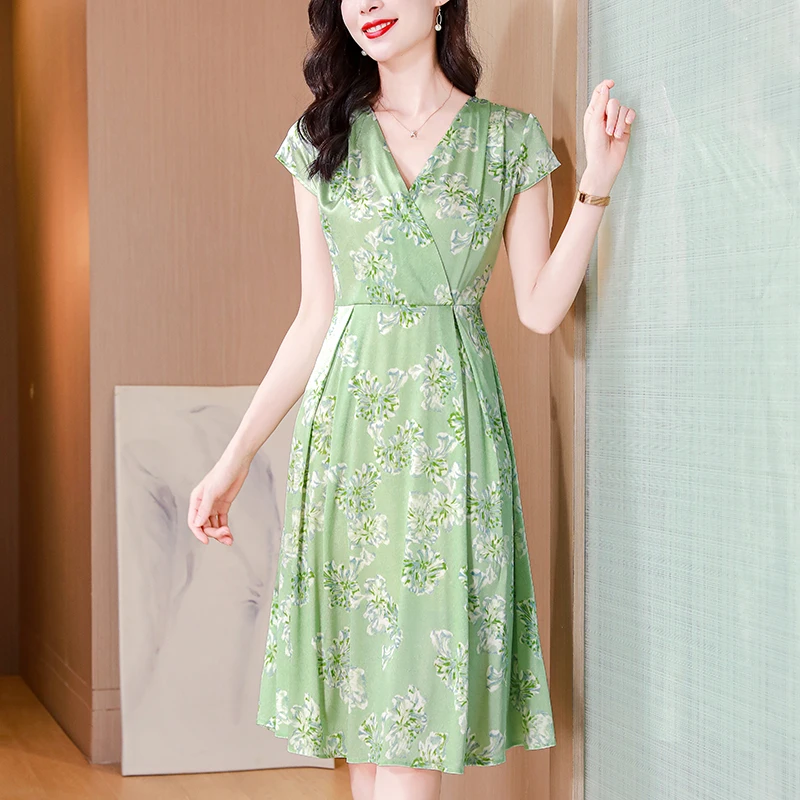 

Summer Dresses For Women Elegant Chic V-neck Short Sleeve Women's Floral Print Dress Real Silk Satin Woman Long Dress A-line