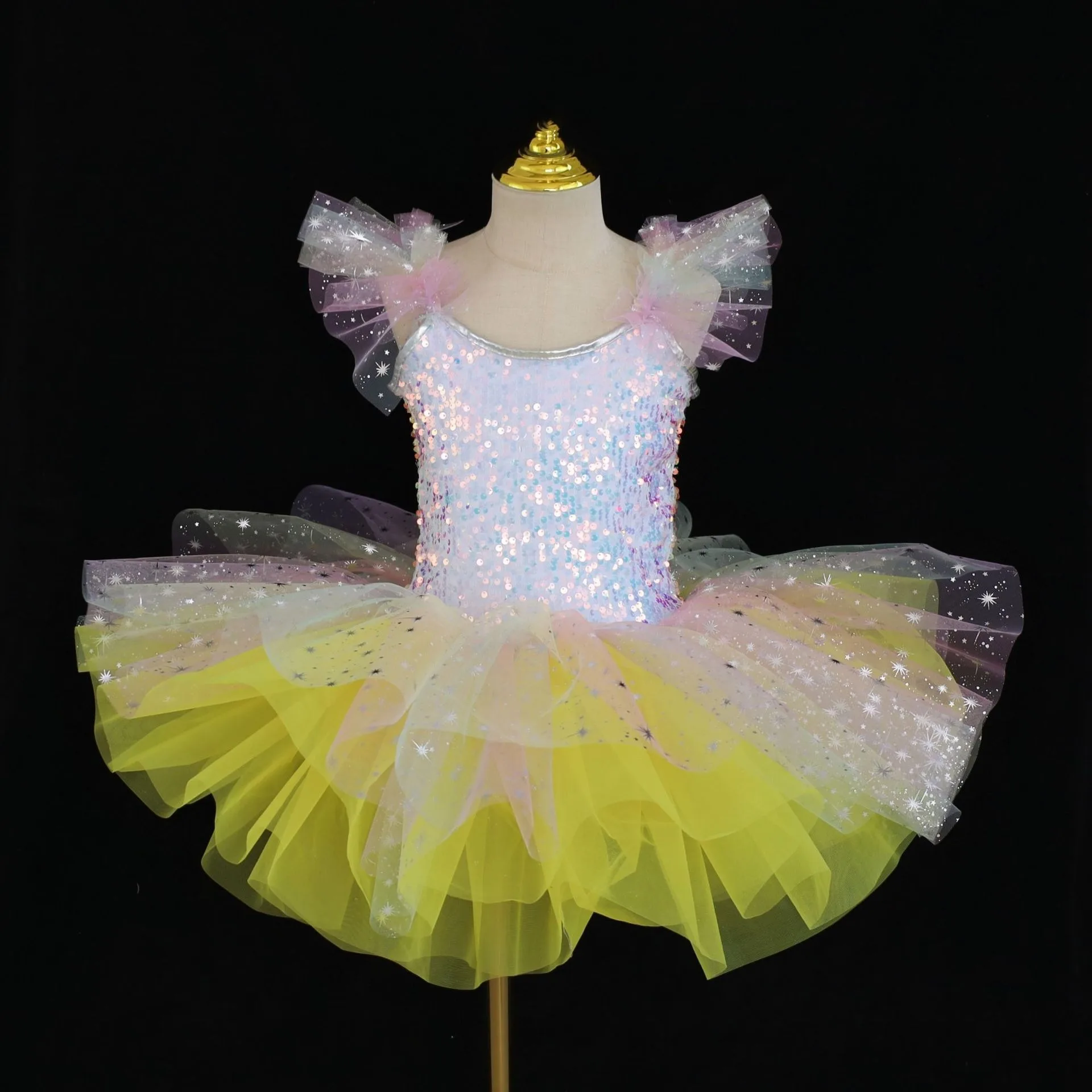 ชุดบัลเลต์เด็กสีรุ้ง กระโปรงบัลเลต์เด็กผู้หญิงประดับเลื่อม กระโปรงเจ้าหญิงสำหรับเด็ก ชุดเต้นรำ ชุดเลโอตาร์ด กระโปรงชั้นใน