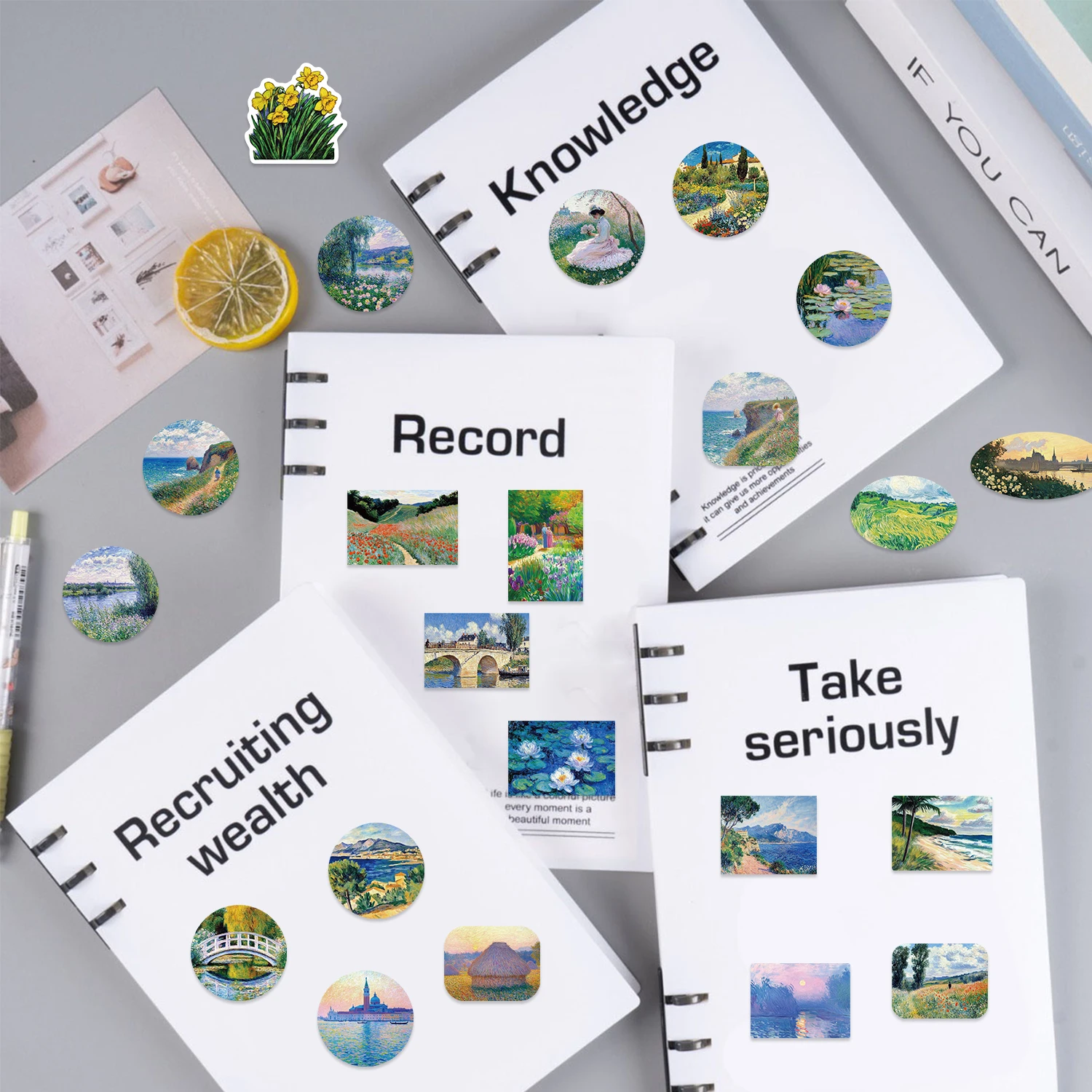 56pcs 유화 풍경 스티커 수하물 및 노트북에 대 한 방수 비닐 데 칼 모듬 된 작은 크기 낙서 컵