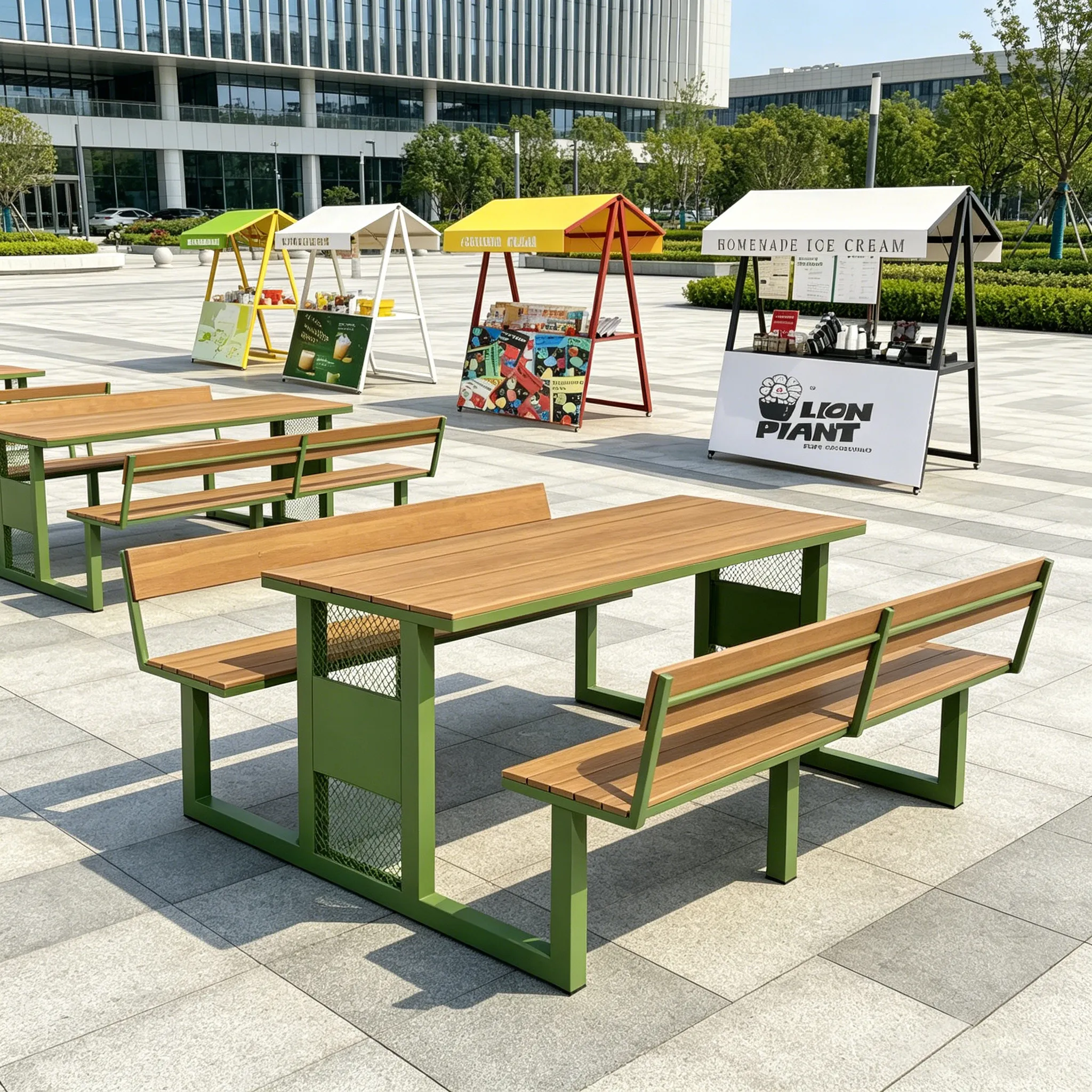Outdoor one-piece table and chair with backrest combination Scenic commercial street integrated rest table and chair coffee milk